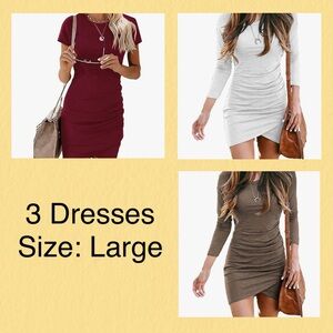 Set of 3 Ruched Fitted Basic Crew‎ Neck Dresses (Large) Red, White, Taupe